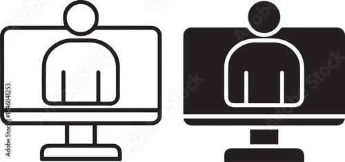 person on screen, monitor, minimalist, monochrome, flat design, vector illustration