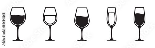 A collection of wine glass and champagne flute icons, showing various fill levels in black silhouette
