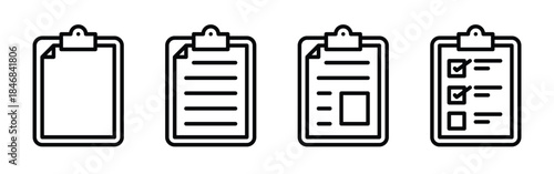 A set of clipboard icons in line art style, showing blank, text, and checklist documents, representing tasks and notes