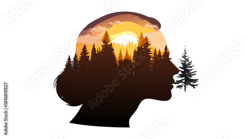 Double exposure silhouette woman profile with pine forest at sunset. Nature scene inside head represents inner peace, mental health and well-being. Sun rays break through trees. vector icon
