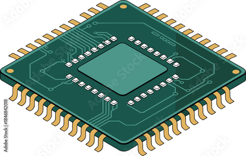 Isometric microchip processor with pins, integrated circuit technology illustration on white background