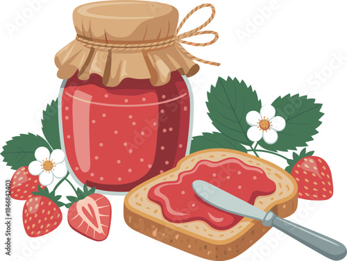 Homemade Strawberry Jam Jar and Toast Vector Illustration