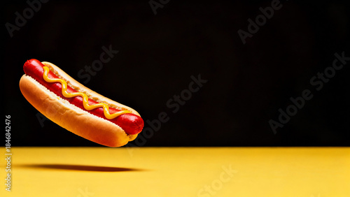 Levitating Hot Dog with Mustard on Yellow and Black Background
