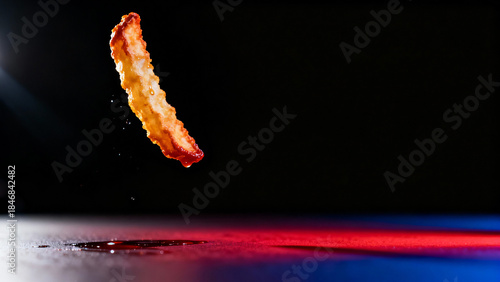 Levitating Crispy Crinkle Cut French Fry on Black and Blue Background