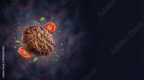 Grilled Beef Burger Patty with Levitating Tomatoes and Spices