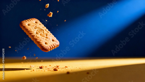 Levitating Crispy Butter Biscuit with Falling Crumbs on Blue Background