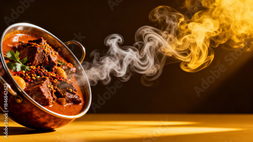 Steaming Hot Spicy Beef Curry in Traditional Copper Balti Bowl