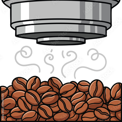 Freshly roasted coffee beans beneath a brewing machine component emitting aromatic steam for a vibrant beverage illustration