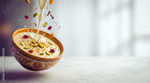 Traditional Indian Saffron Kheer Rice Pudding with Pistachios and Rose Petals