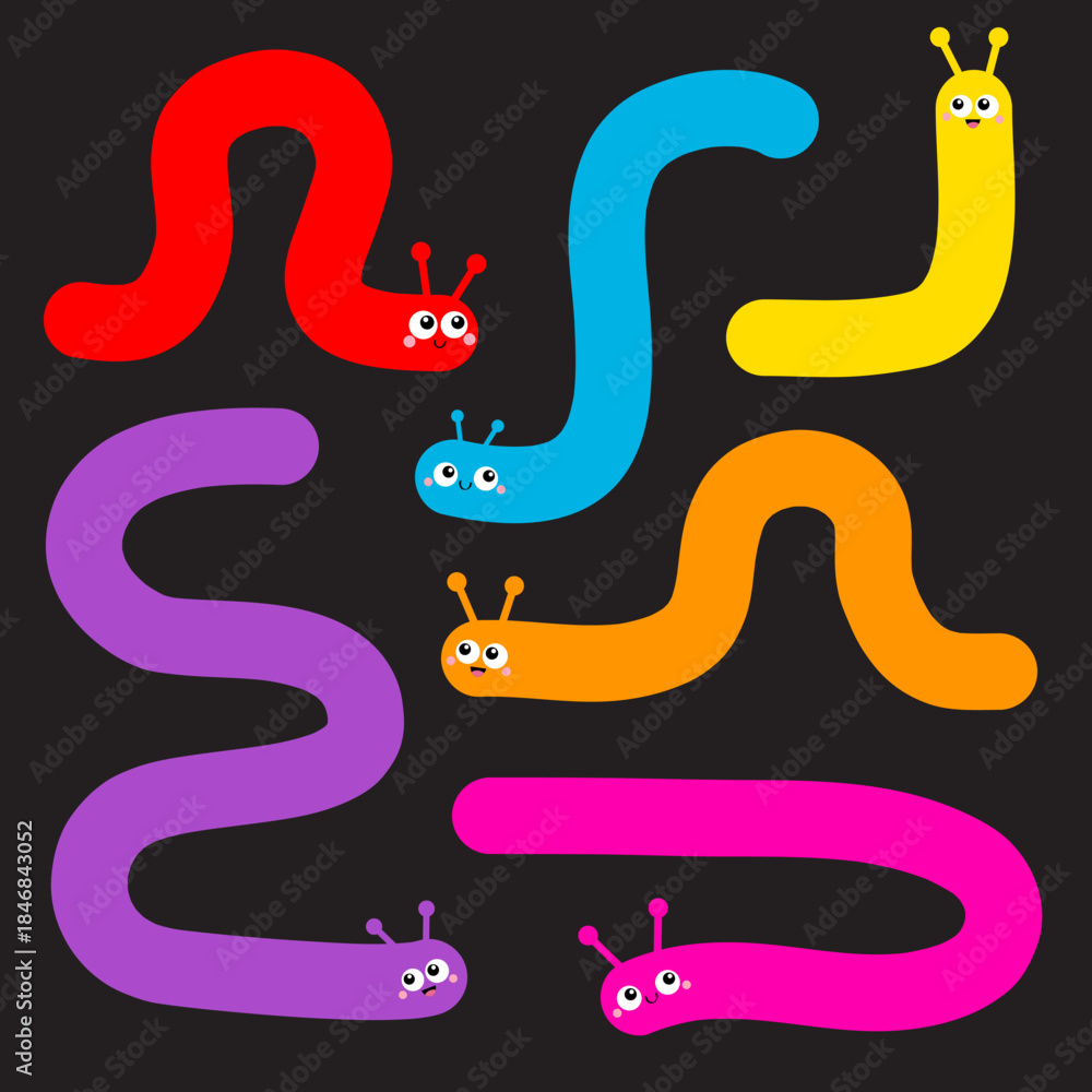 Obraz premium Caterpillar set. Insect icon. Cute crawling bug. Cartoon funny kawaii baby animal character. Smiling face. Colorful bright blue green yellow red orange pink color. Flat design. Black background Vector