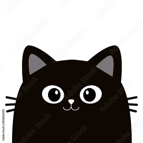 Cute cartoon peeking cat head face silhouette. Kawaii character. Black kitten animal. Baby card. Pet collection. Flat design. Childish style. Sticker print. White background. Isolated. Vector