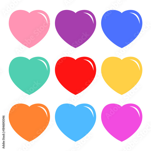 Colorful heart icon set. Happy Valentines day. Different color. Love sign symbol simple template. Greeting card. Decoration element. Square composition. Flat design. White background. Vector