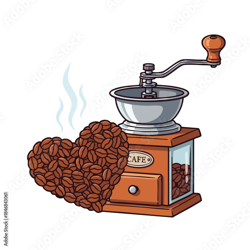 A delightful cartoon illustration of a heart made from coffee beans next to a vintage manual grinder on a clean white background