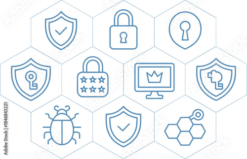 Cyber security icons set, data protection and privacy symbols, network safety locks, malware defense, minimal line vector illustration design collection