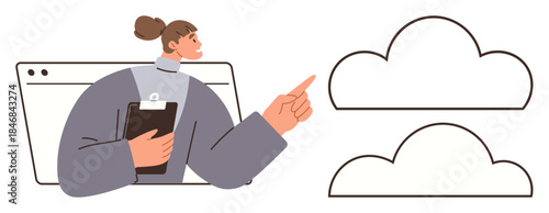 Woman emerging from browser window holds clipboard and points to two outlined clouds. Ideal for technology, data storage, cloud computing, digital communication, teamwork, organization, and analysis