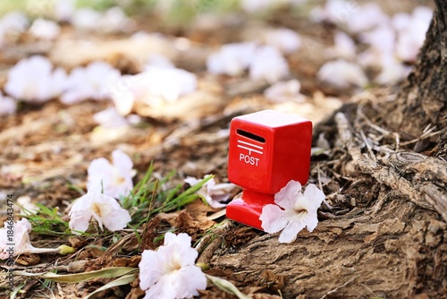 Red mailbox with pink flower fall on ground nature background