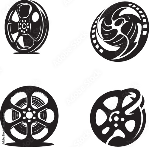 Stylized Black and White Film Reel Icons – Cinematic Vector Set