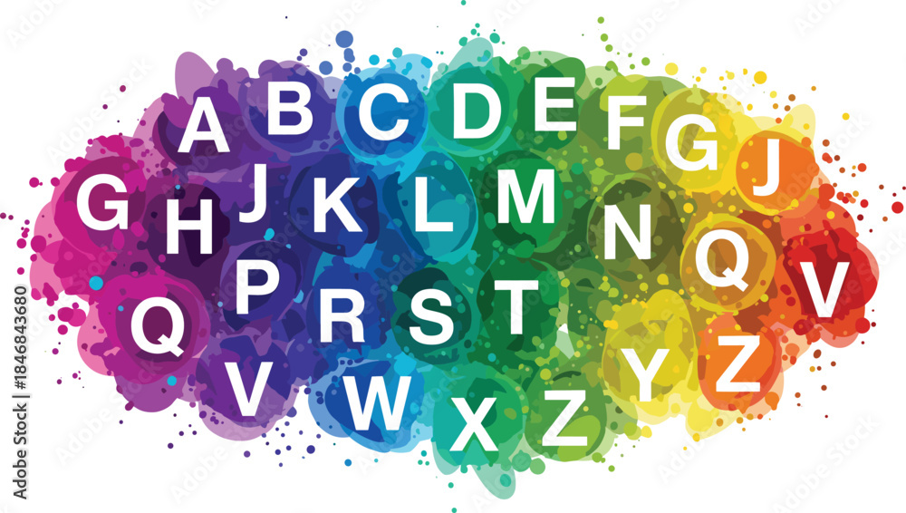 Fototapeta premium Colorful alphabet letters splash illustration with vibrant paint blobs for education creativity learning design backgrounds typography concepts abstract modern
