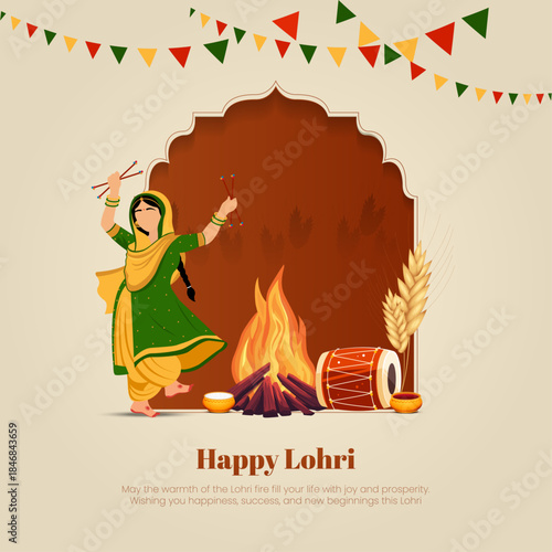 Happy Lohri Festival Greeting with Punjabi Woman Dance and Bonfire punjabi Lohri Harvest Festival Background, vector illustration.