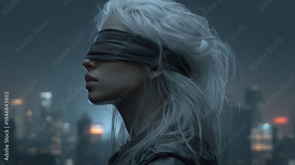 Fototapeta premium Woman with blindfold profile against urban cityscape evening view