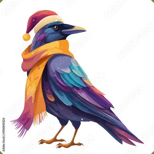 Vector illustration of a colorful crow in a vibrant geometric style, wearing a hat and scarf, isolated on a white background