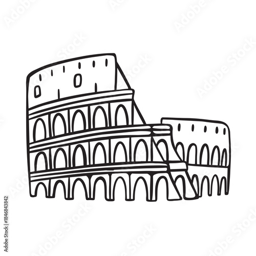 Black and white line drawing of the Roman Colosseum. Architecture vector ideal for educational or travel designs