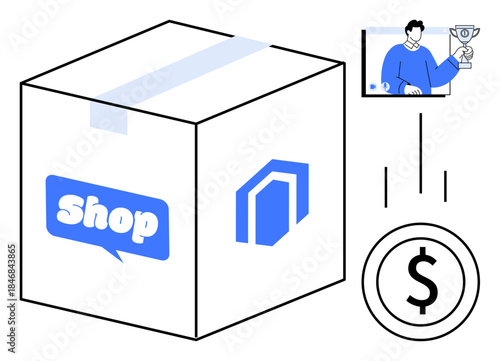 Box with shop logo, digital payment icon, online buyer holding product award. Ideal for e-commerce, online shopping, logistics, digital sales, branding, delivery services and payment solutions