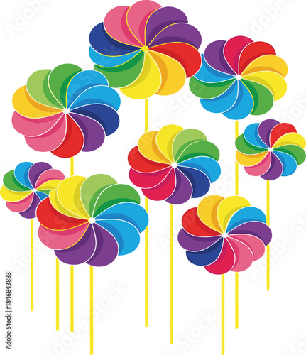 Colorful pinwheel toy illustration set with vibrant rainbow wind spinners for kids decoration party design summer fun and playful graphic backgrounds