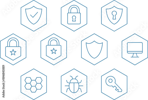 Cyber security icons set, data protection and privacy symbols, network safety locks, malware defense, minimal line vector illustration design collection