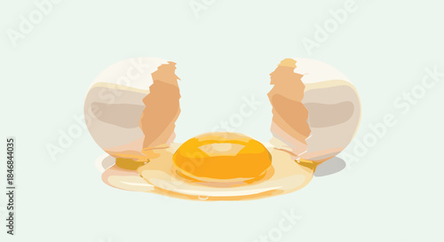 Digital painting of a freshly cracked raw egg with a vibrant yellow yolk and clear albumen spilling from a broken white shell.