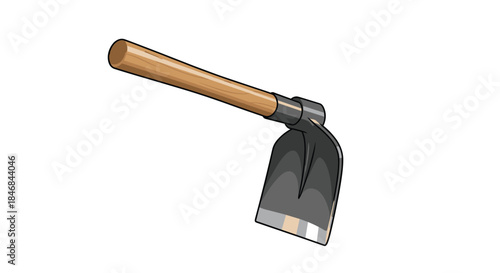 Cartoon vector illustration of a garden hoe with a sharp metal blade and a smooth wooden handle, a tool for farming or gardening.