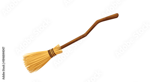 Classic witch's broomstick with a crooked wooden handle and straw bristles, isolated on a white background for Halloween designs.