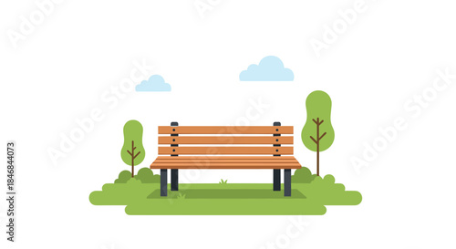 Flat design illustration of a wooden park bench on a patch of green grass with trees and clouds in a peaceful outdoor scene.