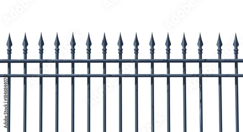 Detailed illustration of a section of a classic wrought iron fence with sharp spear-point finials, creating a secure barrier.