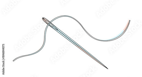 Minimalist and artistic line drawing of a sewing needle with a long piece of thread looped through its eye for mending or crafts.