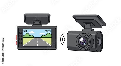 Front and perspective views of a modern black car dash cam with a screen display, lens, and wireless connectivity symbol.