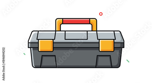 Flat design cartoon illustration of a gray toolbox with yellow latches and a red handle, used for storing construction tools.