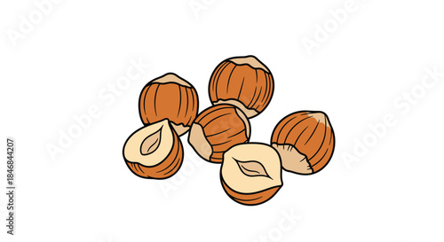 Simple cartoon illustration of a small pile of hazelnuts, including whole nuts in their shells and some cracked open to show the kernel.