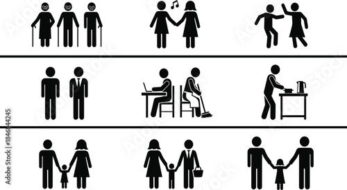 Human life cycle pictogram icons showing childhood adulthood family work leisure and aging stages for social concepts infographics and educational design