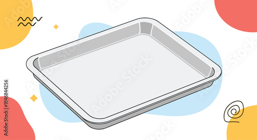 Simple line art illustration of a rectangular metal baking tray or sheet pan against a background with colorful abstract shapes.