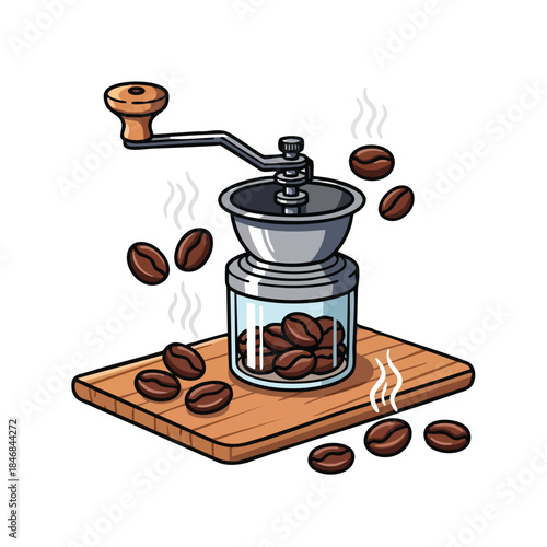 Manual coffee grinder with scattered beans on a wooden board illustration for fresh morning brew preparation