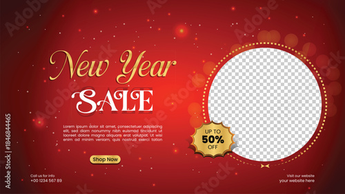 Festive New Year sale card with red winter design, snowflakes, stars and hanging Christmas balls celebrating the holiday season