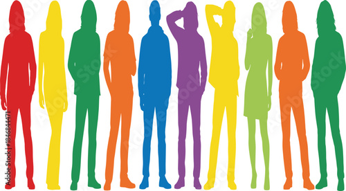 Colorful standing people silhouettes illustration representing diversity individuality teamwork and social inclusion concepts for modern design and creative projects