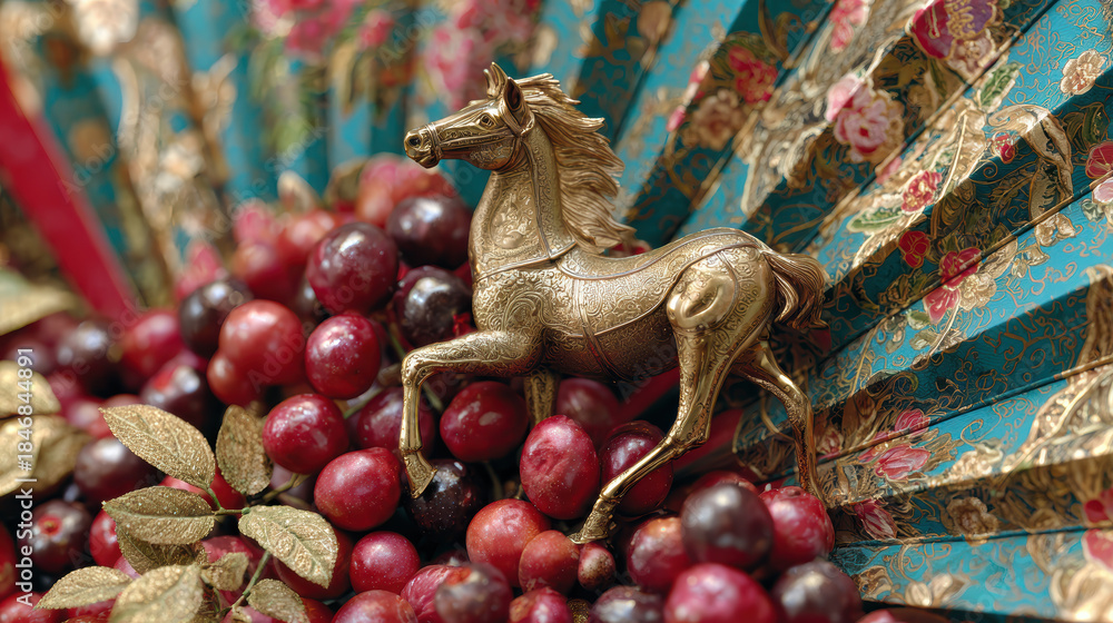 Fototapeta premium Chinese new year decoration gold horse fruit fan vintage floral luxury detail festive celebration