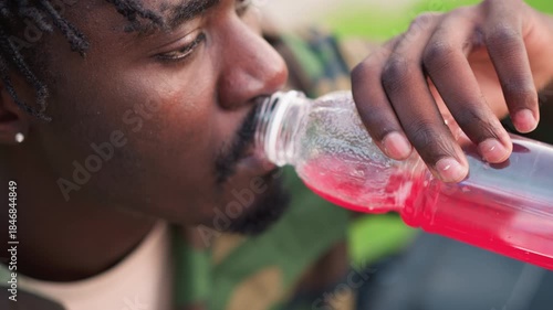 Camouflage Jacket Mercenary Sipping Red Beverage On Stakeout, Side Profile With Intent Gaze, Hand Steady On Bottle, Subtle Perspiration, Pause For Hydration Between Shifts, Urban Grass Backdrop, Cool