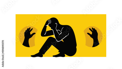 Silhouette of man holding head in hands on yellow background. Person sitting with elbows on knees in distress. Mental health, depression. counseling service, mental health awareness, stress management