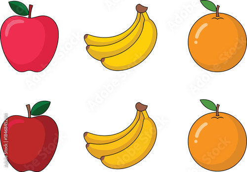 Flat fruit icons set with apple, banana, and orange isolated on white
