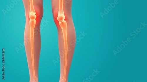 Sciatica concept. Illustration of human legs highlighting knee joints with a glowing effect against a teal background.