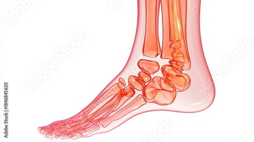 Sciatica concept. Anatomical illustration of a human foot highlighting bones and structure in a translucent design.