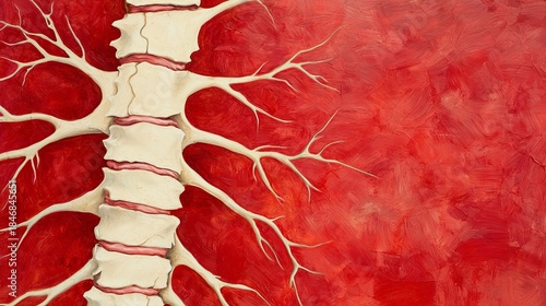 Sciatica concept. Abstract artwork featuring a white tree structure against a bold red background, emphasizing contrast and texture.